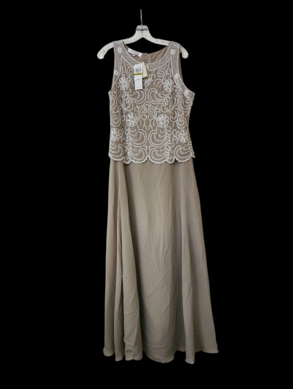 J Kara Nwt Taupe Maxi Dress with White Lace Overlay Size 14
